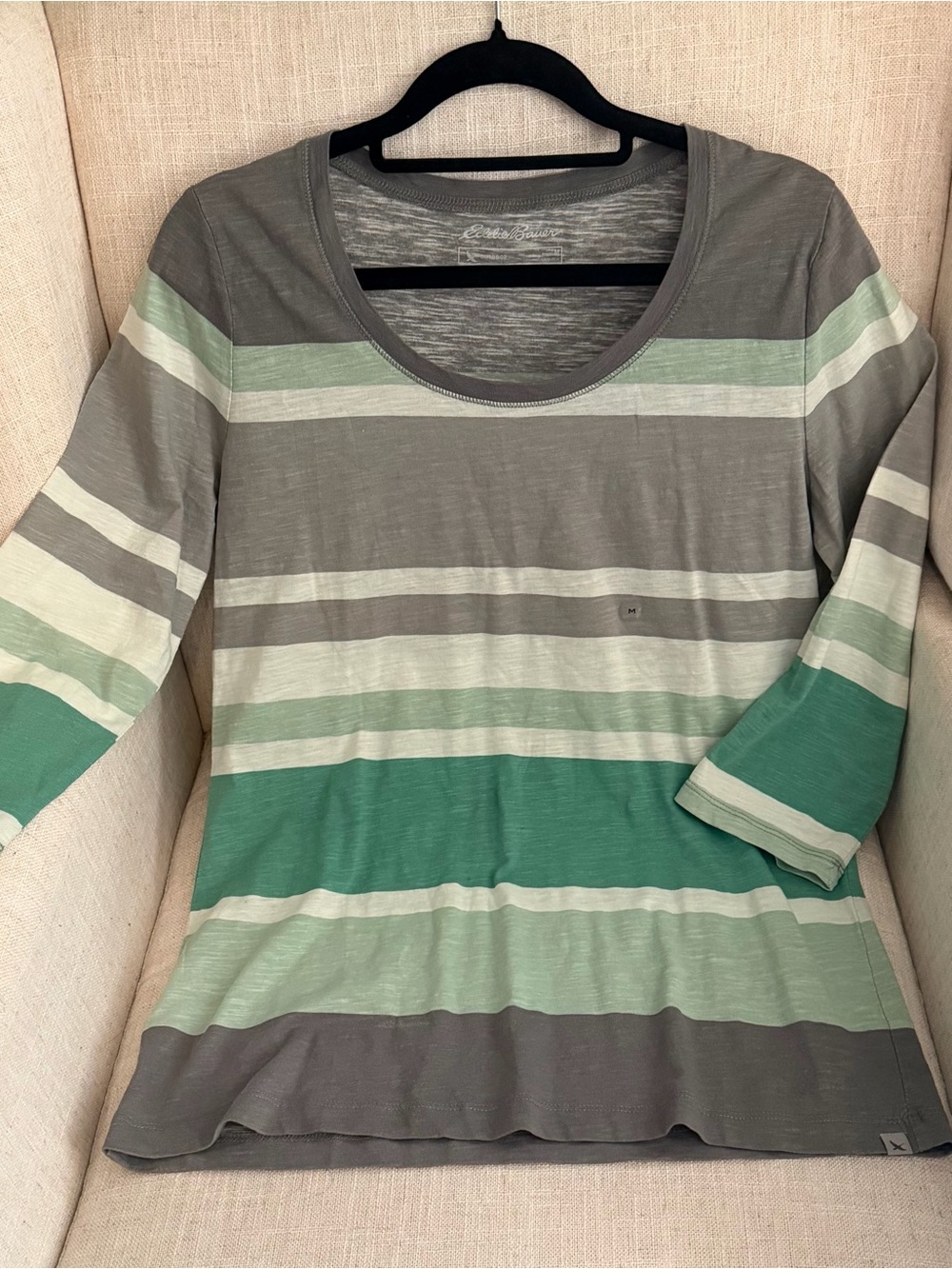Eddie Bauer Striped Scoop Neck Top in Gray and Green Tones
